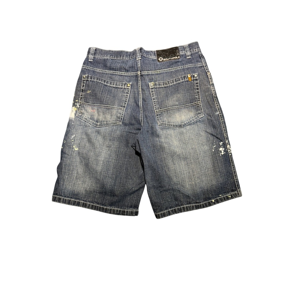 Southpole Mens Size 34 Blue Denim Paint Splatter Baggy Relaxed Shorts Y2K Skater